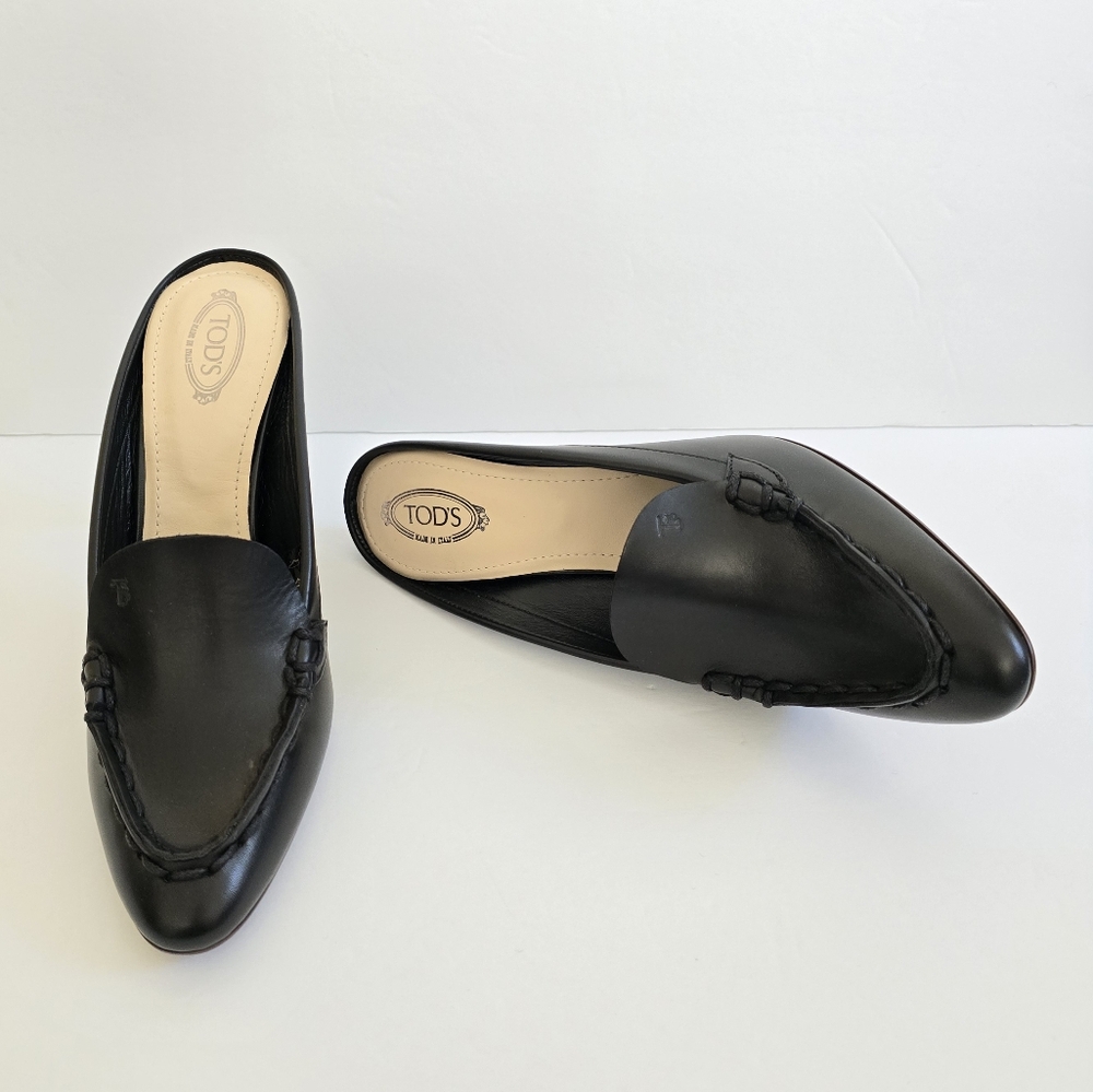 Tod's Leather Mocassin Pointed Toe High Heel Mules Size 39.5 Black - Picture 3 of 10